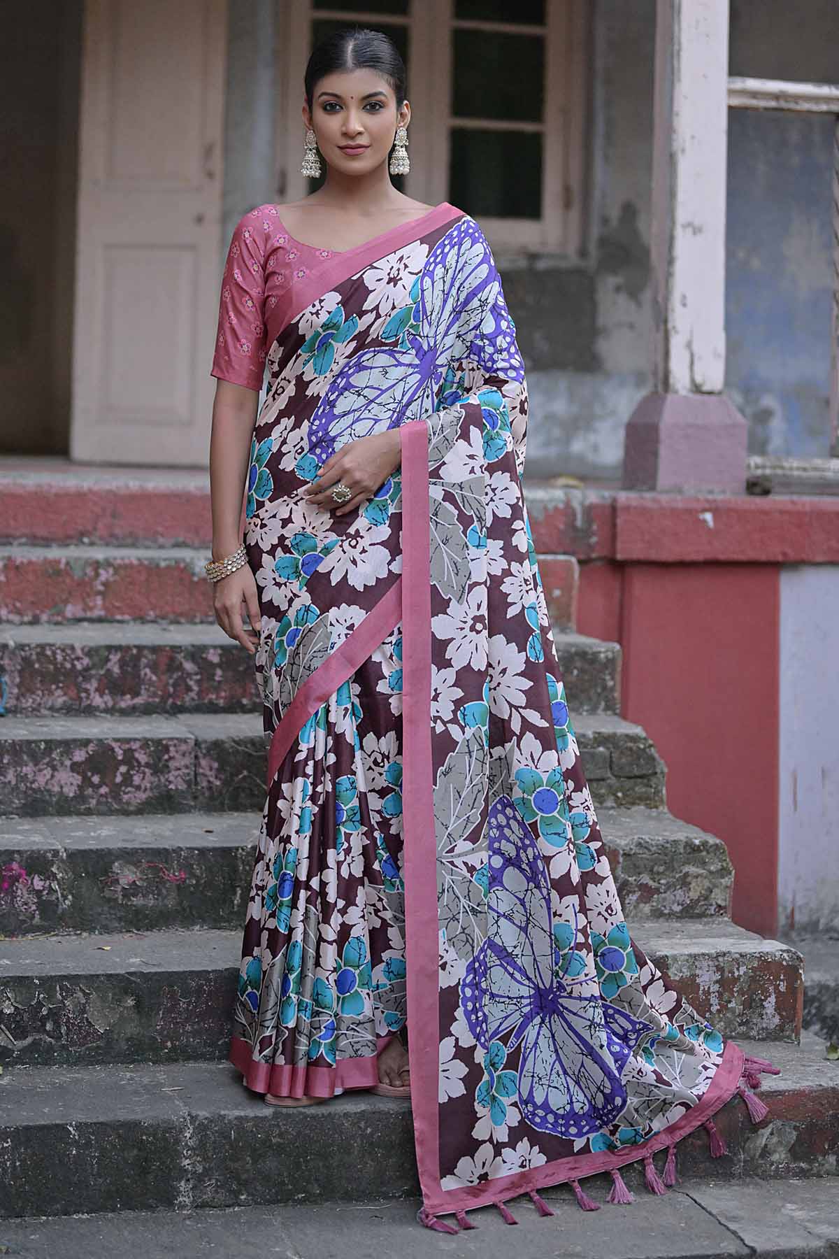 Buy Designer Coffee Butterfly Print Saree Online